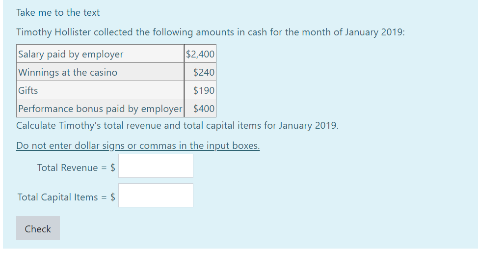 Take me to the text Timothy Hollister collected the following amounts in cash for the month of January 2019: