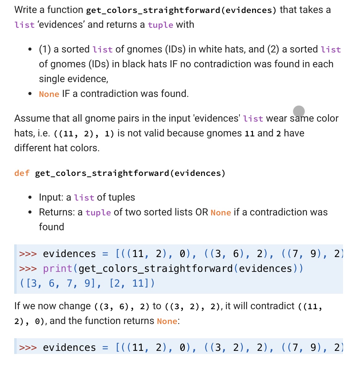 Write a function get_colors_straightforward (evidences) that takes a list 'evidences' and returns a tuple