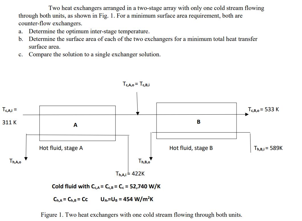 Tc,A,i = 311 K Two heat exchangers arranged in a two-stage array with only one cold stream flowing through