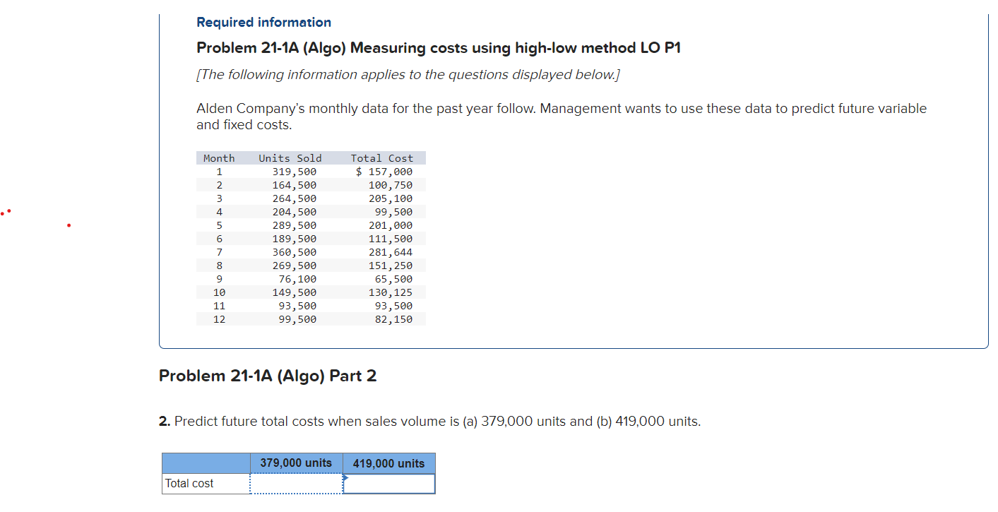 Required information Problem 21-1A (Algo) Measuring costs using high-low method LO P1 [The following