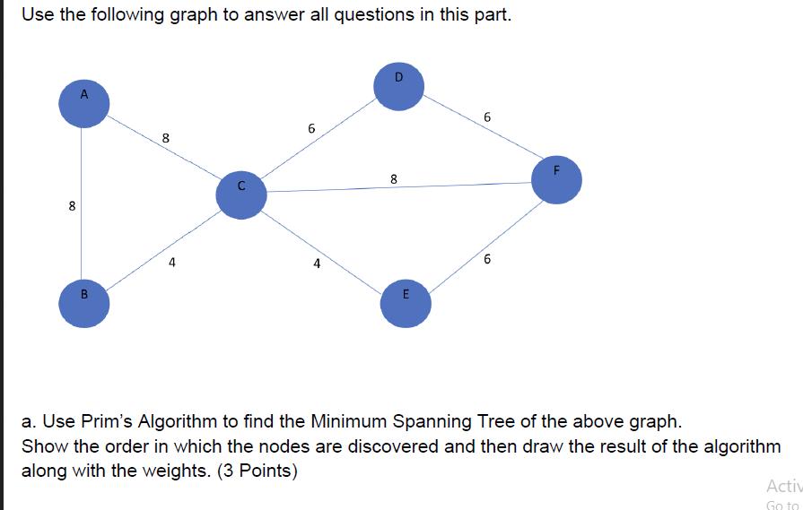 Use the following graph to answer all questions in this part. 00 A B 8 00 () 60 A 8 E 6 6 a. Use Prim's