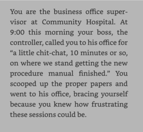 You are the business office super- visor at Community Hospital. At 9:00 this morning your boss, the