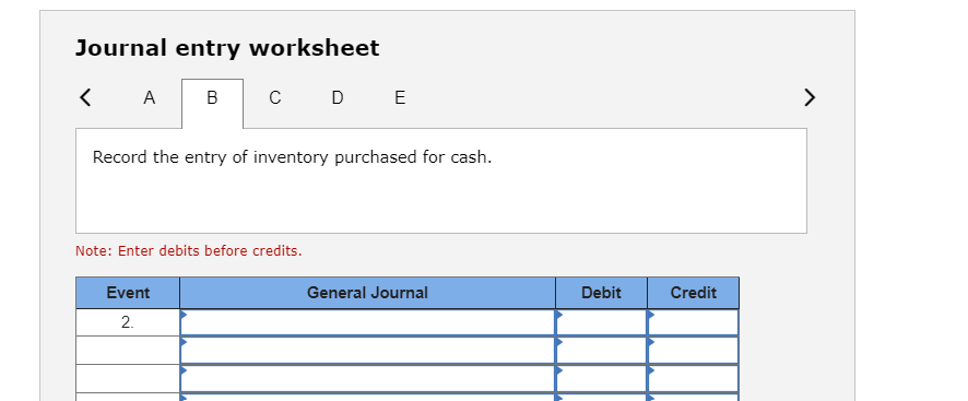 Journal entry worksheet B < A  Record the entry of inventory purchased for cash. Note: Enter debits before