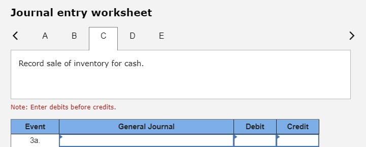 Journal entry worksheet < A B  Record sale of inventory for cash. Note: Enter debits before credits. Event