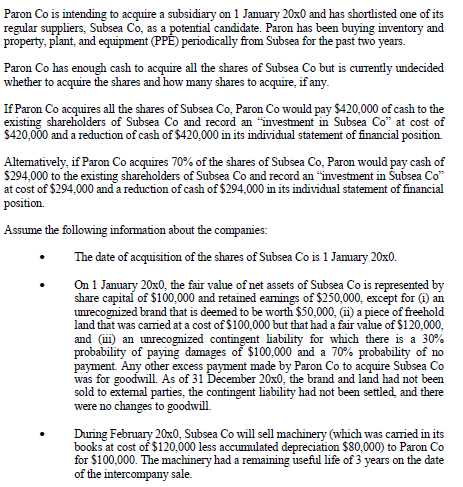 Paron Co is intending to acquire a subsidiary on 1 January 20x0 and has shortlisted one of its regular
