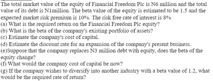 The total market value of the equity of Financial Freedom Plc is N6 million and the total value of its debt