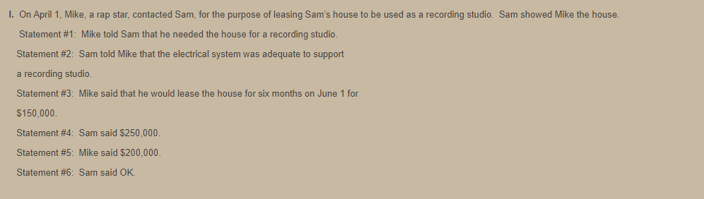 I. On April 1, Mike, a rap star, contacted Sam, for the purpose of leasing Sam's house to be used as a