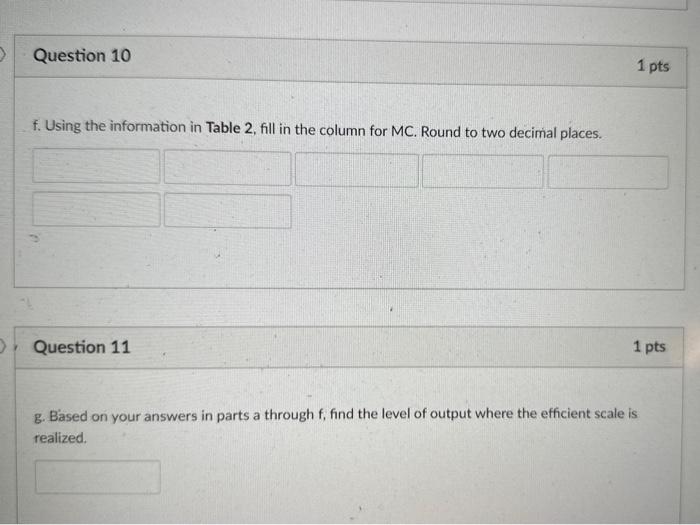 Question 10 f. Using the information in Table 2, fill in the column for MC. Round to two decimal places.