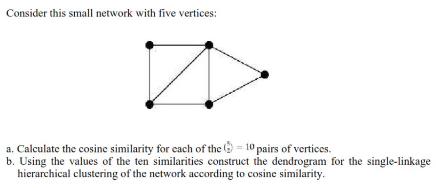 Consider this small network with five vertices: a. Calculate the cosine similarity for each of the (5)= 10