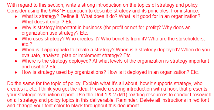 With regard to this section, write a strong introduction on the topics of strategy and policy. Consider using