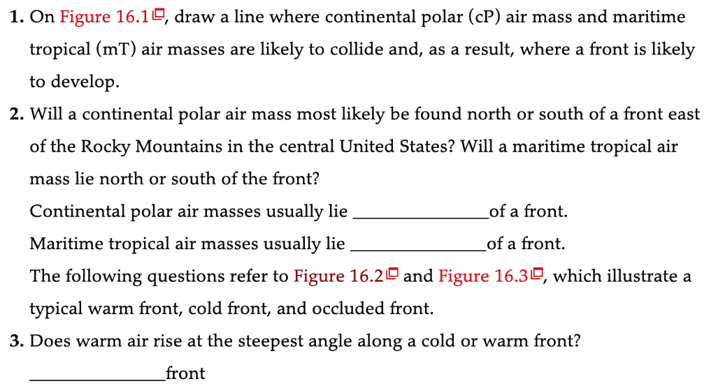 1. On Figure 16.10, draw a line where continental polar (cP) air mass and maritime tropical (mT) air masses