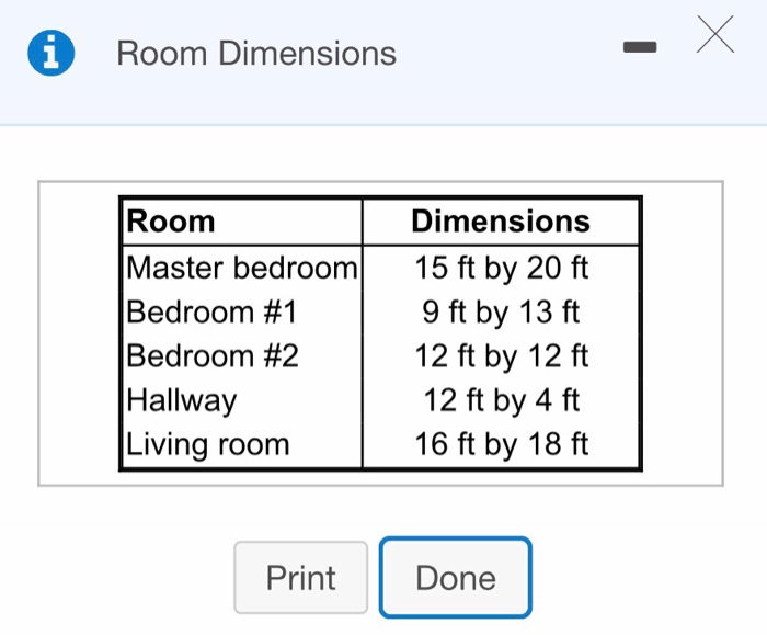 iRoom Dimensions Room Master bedroom Bedroom #1 Bedroom #2 Hallway Living room Print Dimensions 15 ft by 20