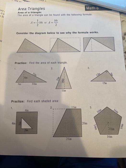 re's i It is 5c ja one sa 1. squar 4in Area: Triangles Math 8 Area of a triangle: The area of a triangle can