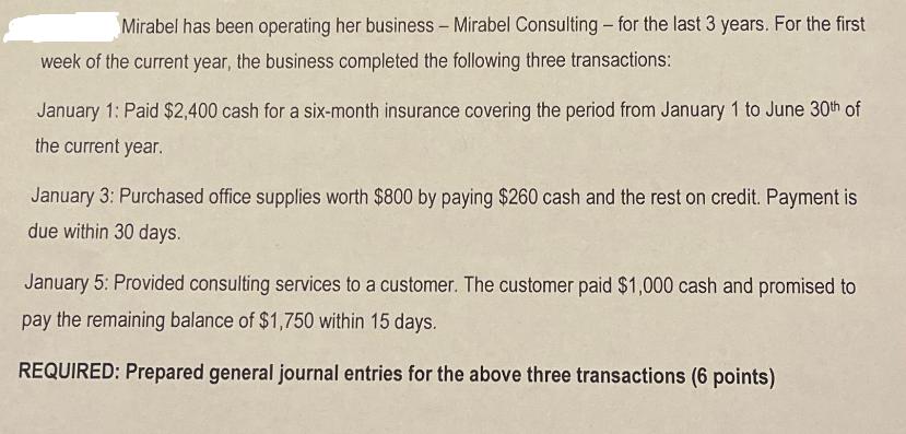 Mirabel has been operating her business - Mirabel Consulting - for the last 3 years. For the first week of