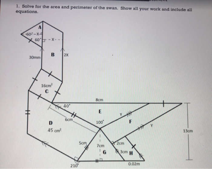 1. Solve for the area and perimeter of the swan. Show all your work and include all equations. A 60-x-