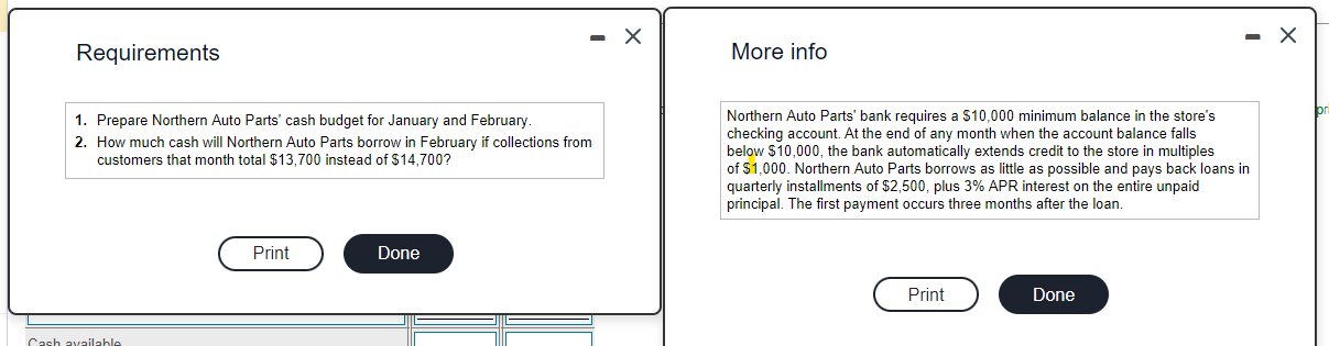 Requirements 1. Prepare Northern Auto Parts' cash budget for January and February. 2. How much cash will
