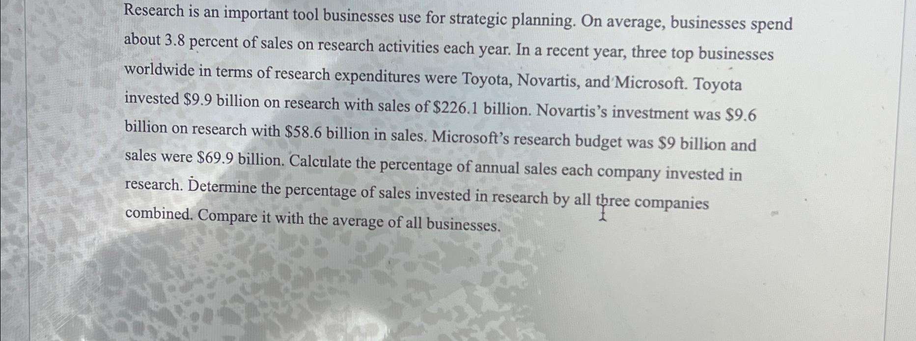 Research is an important tool businesses use for strategic planning. On average, businesses spend about 3.8