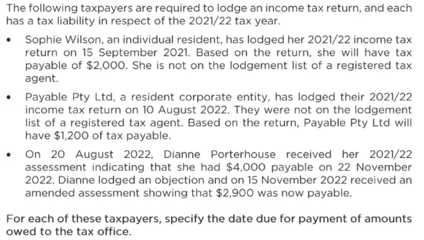 The following taxpayers are required to lodge an income tax return, and each has a tax liability in respect