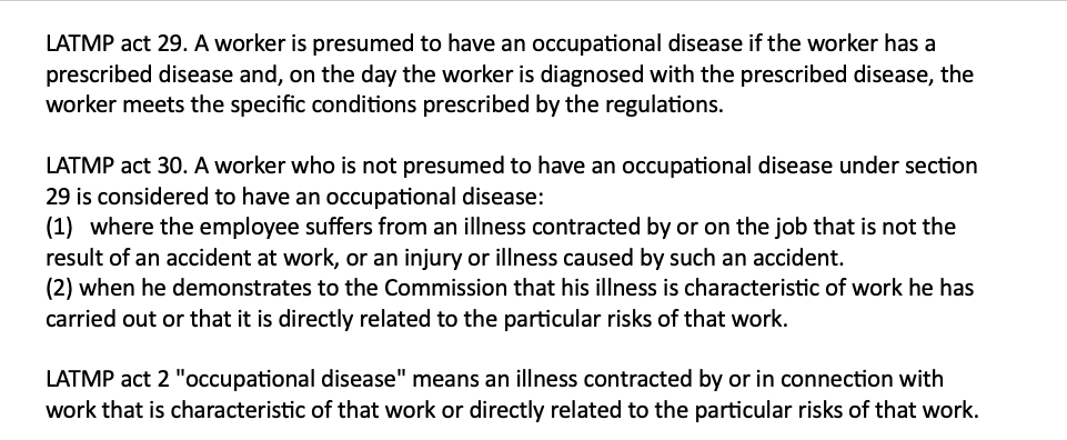 LATMP act 29. A worker is presumed to have an occupational disease if the worker has a prescribed disease