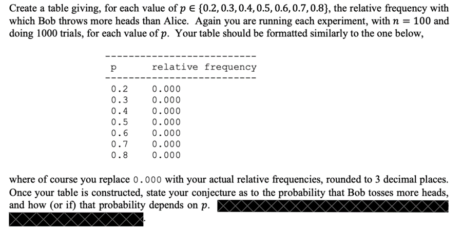 Create a table giving, for each value of p  (0.2, 0.3, 0.4, 0.5, 0.6, 0.7, 0.8}, the relative frequency with