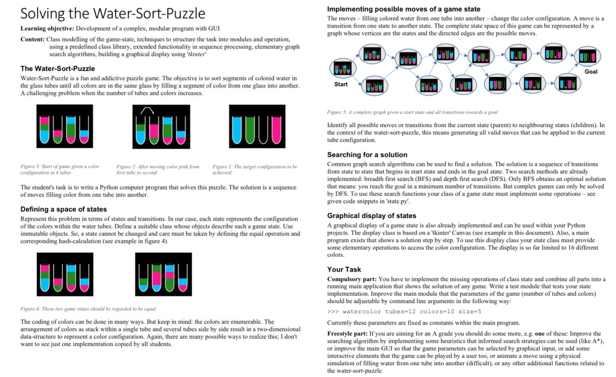 Solving the Water-Sort-Puzzle Learning objective: Development of a complex, modular program with GUI Content: