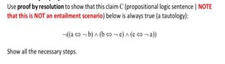 Use proof by resolution to show that this claim C (propositional logic sentence | NOTE that this is NOT an