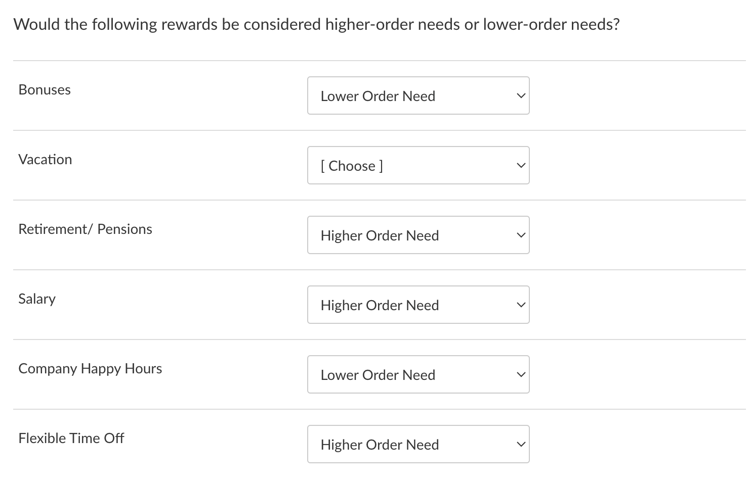Would the following rewards be considered higher-order needs or lower-order needs? Bonuses Vacation