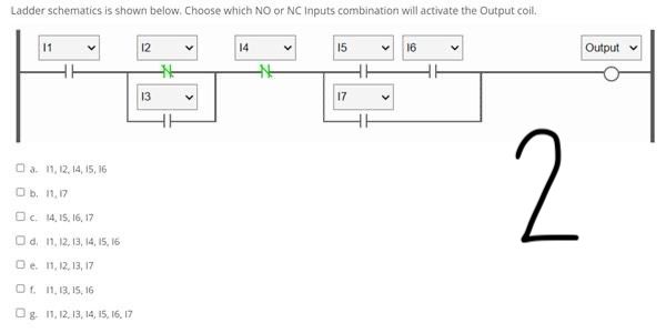 Ladder schematics is shown below. Choose which NO or NC Inputs combination will activate the Output coil.  a.