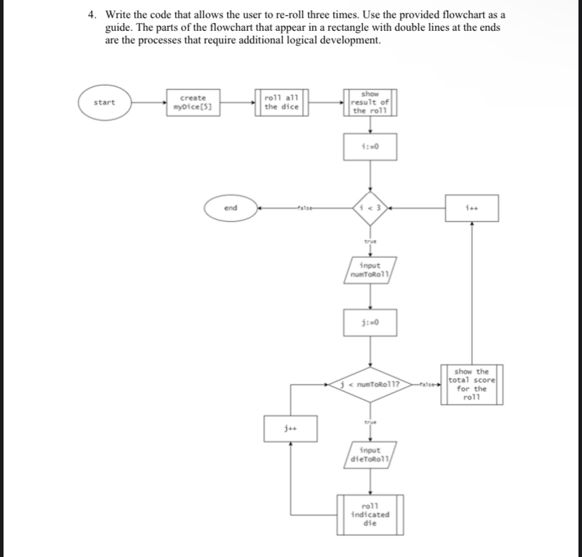 4. Write the code that allows the user to re-roll three times. Use the provided flowchart as a guide. The