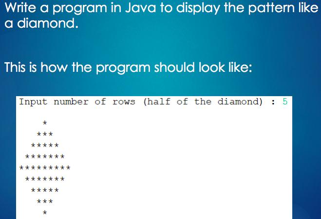 Write a program in Java to display the pattern like a diamond. This is how the program should look like: