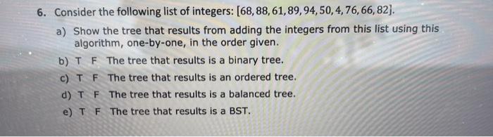 6. Consider the following list of integers: [68, 88, 61, 89, 94, 50, 4, 76, 66, 82]. a) Show the tree that