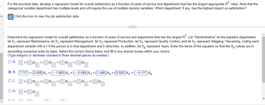 For the provided data, develop a regression model for overall satisfaction as a function of years of service