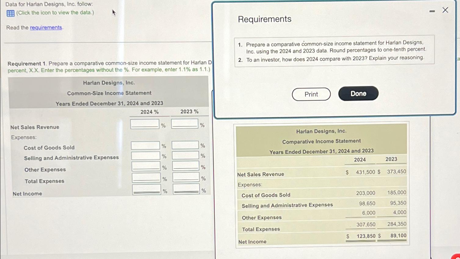 Data for Harlan Designs, Inc. follow: (Click the icon to view the data.) Read the requirements. Requirement