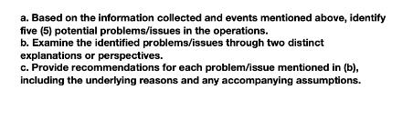 a. Based on the information collected and events mentioned above, identify five (5) potential problems/issues