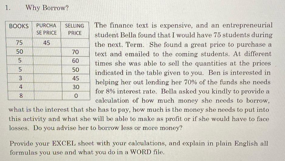 1. The finance text is expensive, and an entrepreneurial student Bella found that I would have 75 students