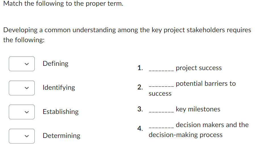 Match the following to the proper term. Developing a common understanding among the key project stakeholders
