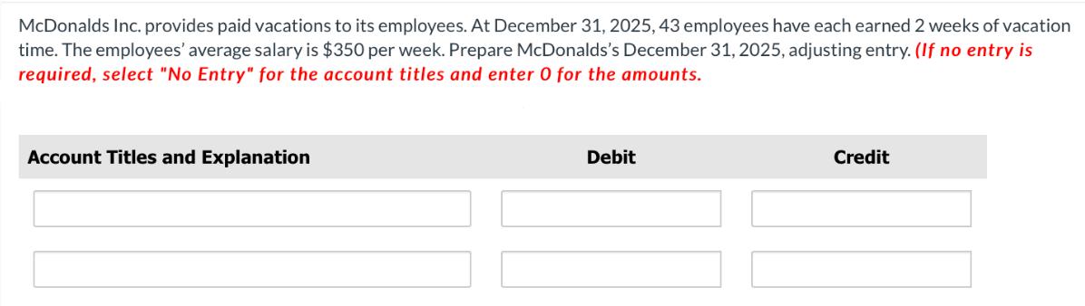 McDonalds Inc. provides paid vacations to its employees. At December 31, 2025, 43 employees have each earned