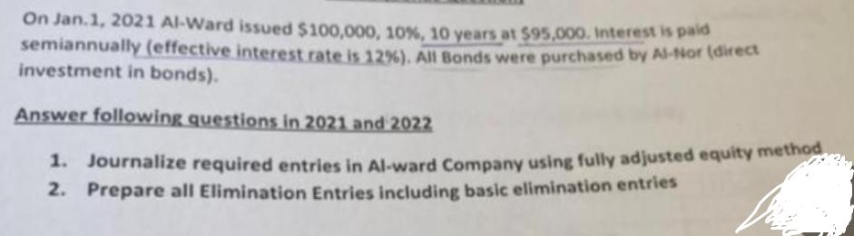 On Jan.1, 2021 Al-Ward issued $100,000, 10 %, 10 years at $95,000. Interest is paid semiannually (effective