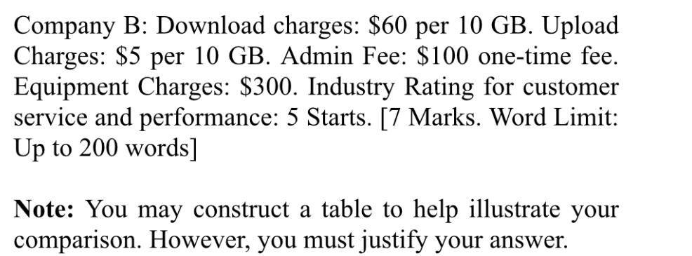 Company B: Download charges: $60 per 10 GB. Upload Charges: $5 per 10 GB. Admin Fee: $100 one-time fee.