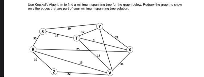 Use Kruskal's Algorithm to find a minimum spanning tree for the graph below. Redraw the graph to show only