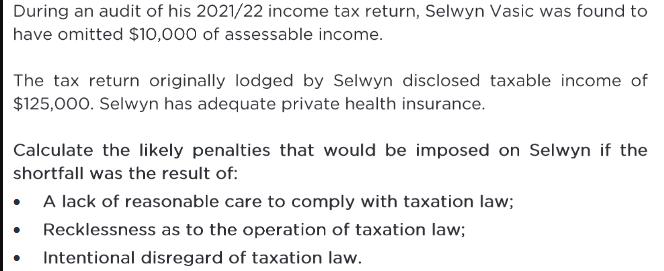 During an audit of his 2021/22 income tax return, Selwyn Vasic was found to have omitted $10,000 of