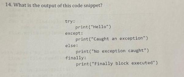 14. What is the output of this code snippet? try: print(