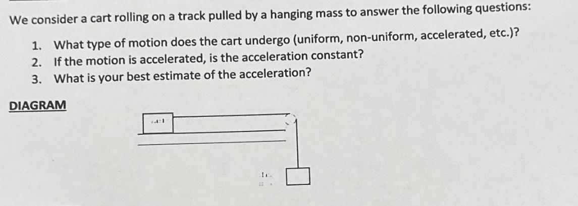 We consider a cart rolling on a track pulled by a hanging mass to answer the following questions: 1. What