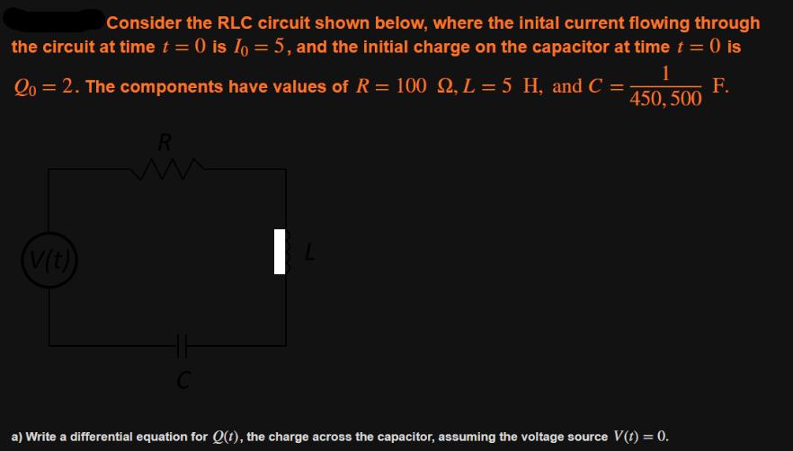 Consider the RLC circuit shown below, where the inital current flowing through the circuit at time t = 0 is