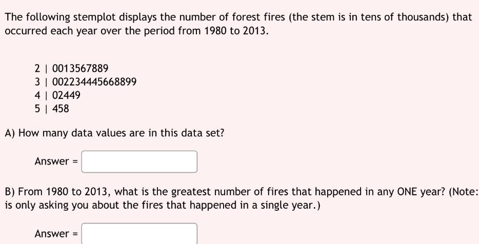 The following stemplot displays the number of forest fires (the stem is in tens of thousands) that occurred