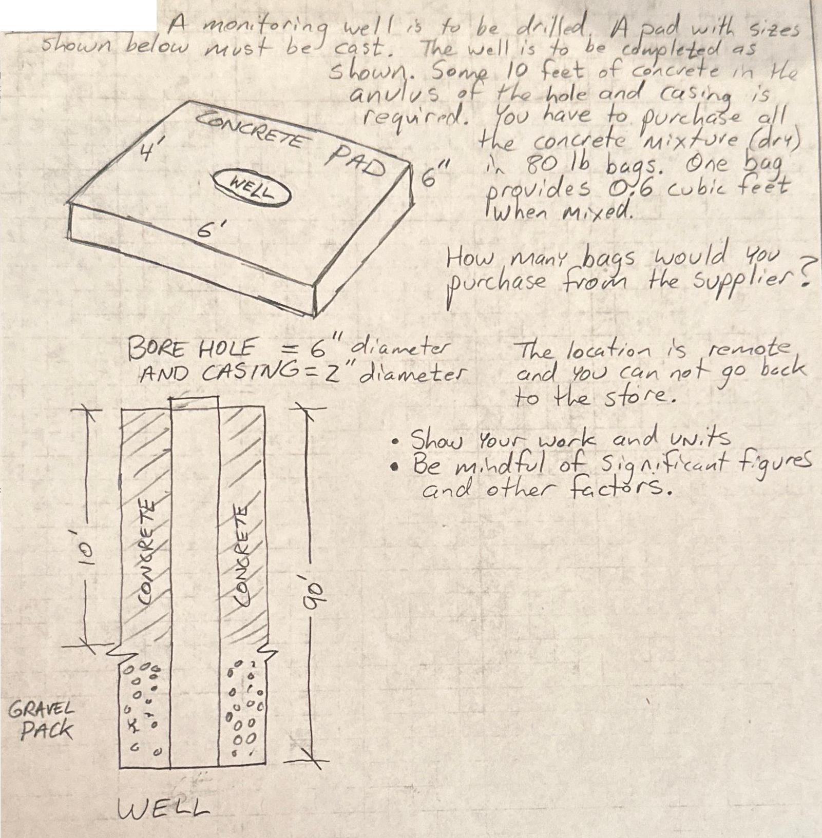 monitoring well is to be drilled. A pad with sizes shown below must be cast. The well is to be completed as