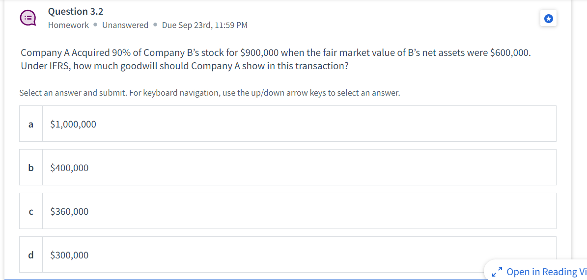 Question 3.2 Homework. Unanswered. Due Sep 23rd, 11:59 PM Company A Acquired 90% of Company B's stock for