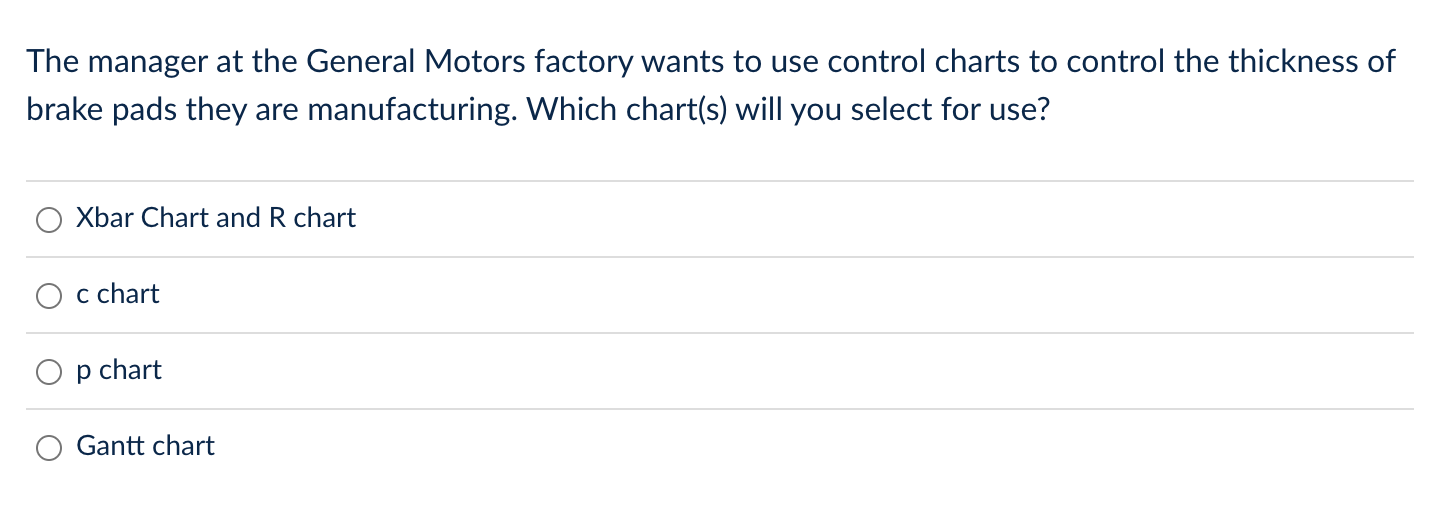 The manager at the General Motors factory wants to use control charts to control the thickness of brake pads