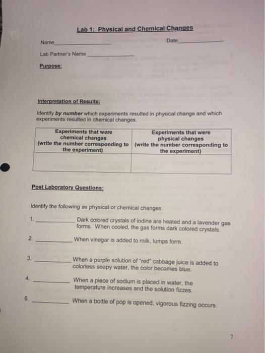 30 3. Lab 1: Physical and Chemical Changes Name Lab Partner's Name Purpose: Interpretation of Results:
