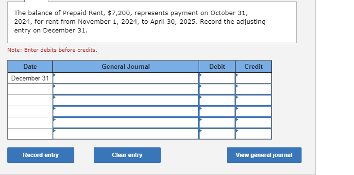 The balance of Prepaid Rent, $7,200, represents payment on October 31, 2024, for rent from November 1, 2024,